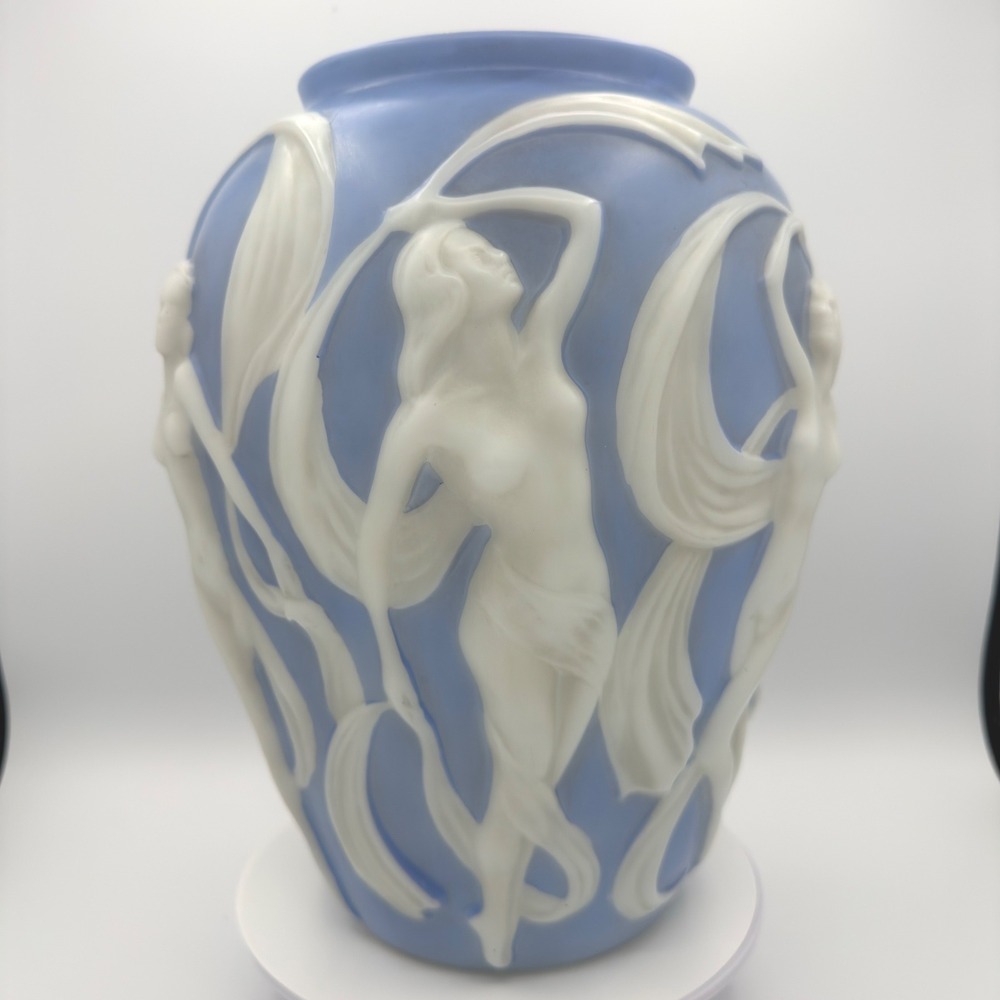 Vintage Phoenix Glass Dancing Ladies Vase Blue White Art Deco Nude Nymph 11.5